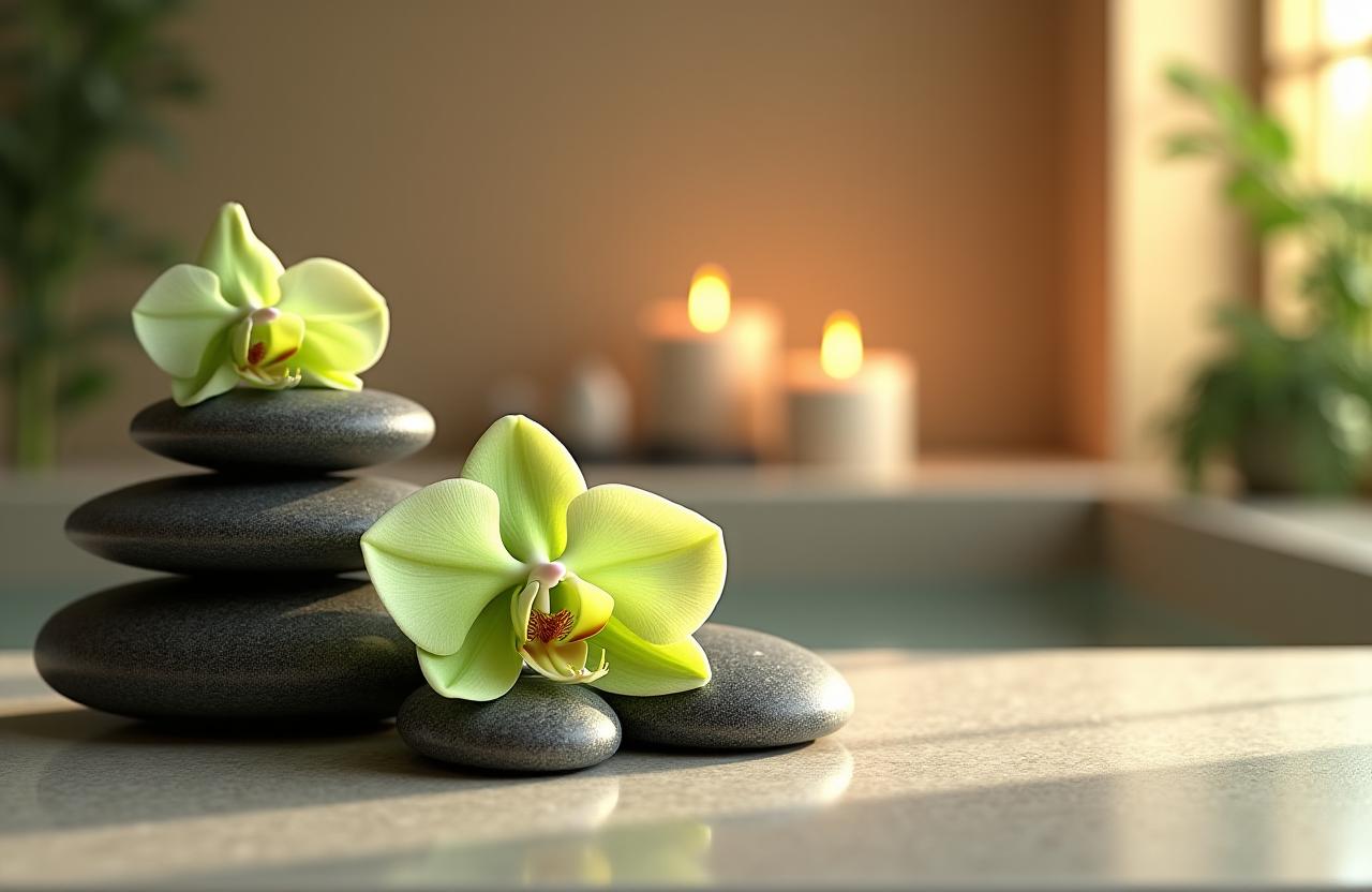 Intérieur serein du spa avec des orchidées et des pierres chaudes.