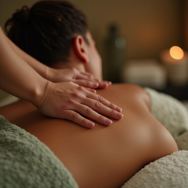 Personne recevant un massage du dos relaxant dans une ambiance tamisée.